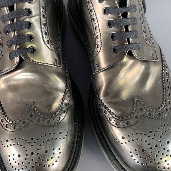 PRADA Size 9 Silver Metallic Perforated Leather Wingtip Lace-Up Shoes - Picture 9 of 9